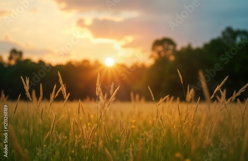 Golden sunset illuminates regenerative pasture. Native grasses thrive in rural landscape. Sunlight highlights beauty of healthy farm. Serene eco-friendly setting sustainable agriculture. Organic farm