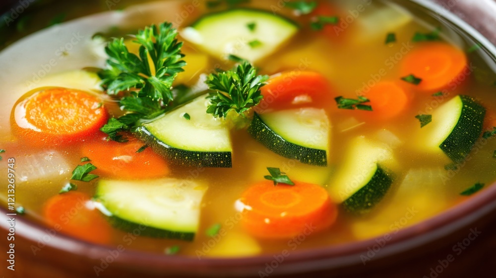 A vibrant low-carb vegetable soup, featuring chicken broth, zucchini A vibrant low-carb vegetable soup, featuring chicken broth, zucchini