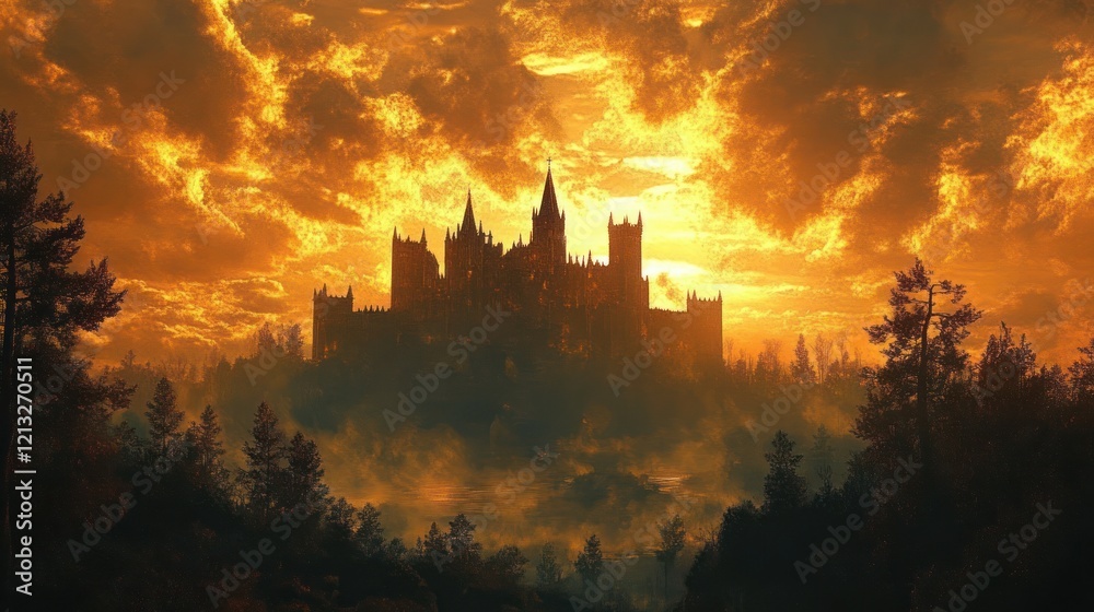 Fototapeta premium Medieval Castle at Sunset in a Dark Fantasy Landscape