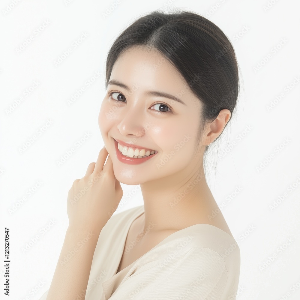 Young woman with satisfaction emotion skincare beauty concept Young woman with satisfaction emotion skincare beauty concept