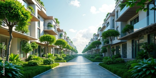 Serene residential street with modern homes and lush greenery