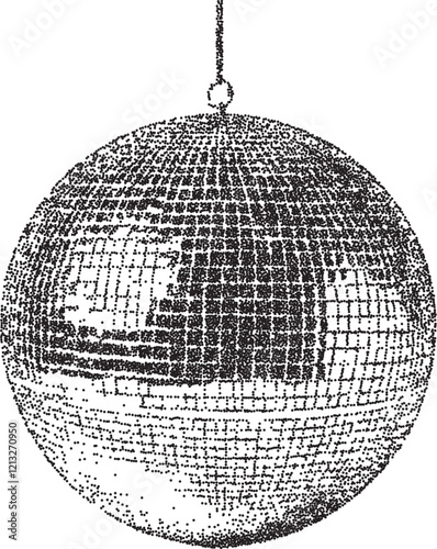 Disco vintage y2k stipple art, ball halftone stipple brutalist retro vector png with transparent background, dance 2000s aesthetic photocopy effect tattoo