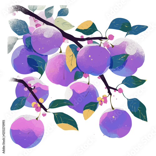 Plum Tree with Fruit | Soft Watercolor Flat Vector Illustration.  
