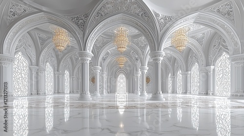 Grand white hall with arches  pillars  chandeliers  and marble floor.