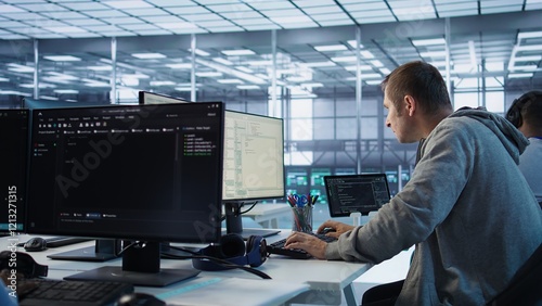 Technician arriving at work in high tech server room, analyzing data on monitors, ensuring seamless data flow. Man starting job shift in data center, ensuring system integrity and security, camera B
