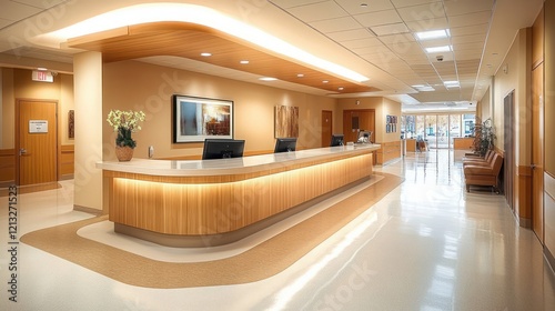 Serene Hospital Reception Area with Nurse Station and Front Desk in Minimalist Style