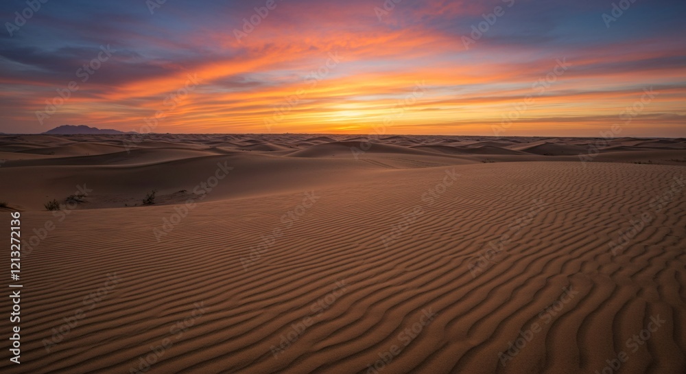 A serene desert with dunes forming intricate geometric shapes under a vivid twilight sky