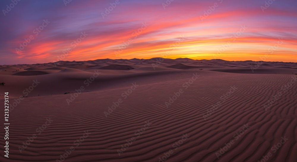 A serene desert with dunes forming intricate geometric shapes under a vivid twilight sky A serene desert with dunes forming intricate geometric shapes under a vivid twilight sky