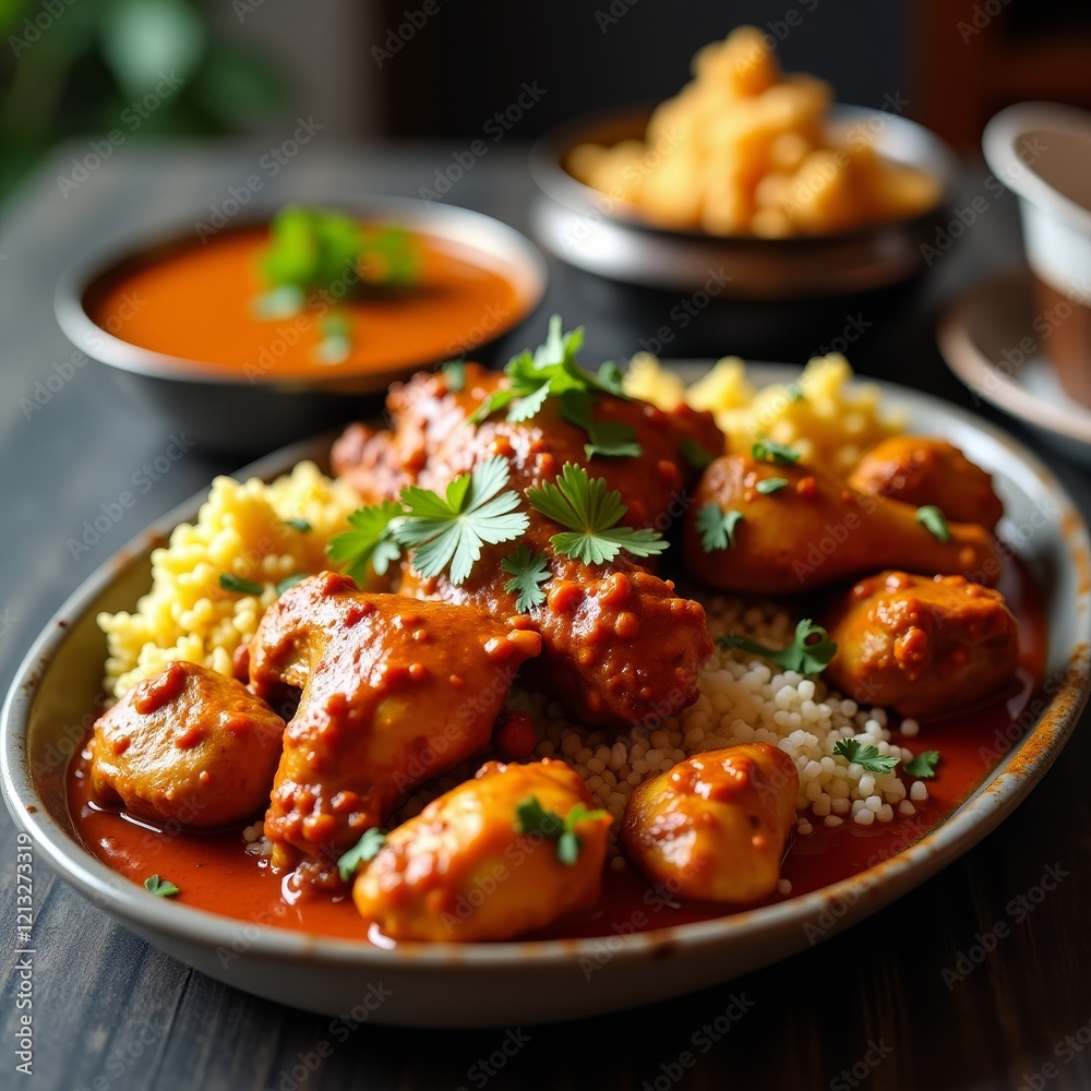 A plate of chicken curry with rice and cilantro A plate of chicken curry with rice and cilantro