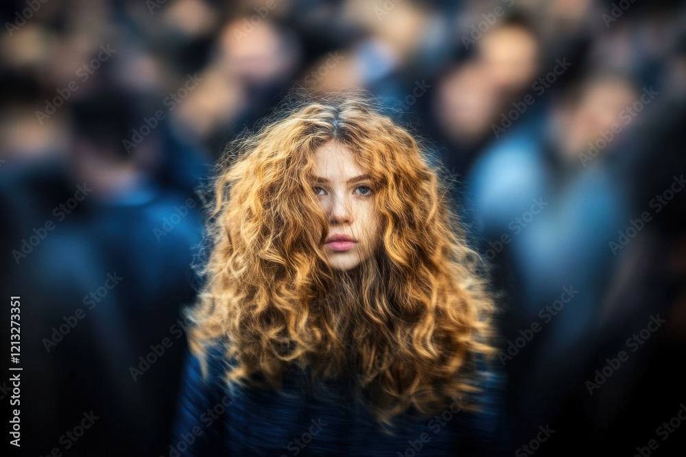 A Portrait of Solitude: A Person with Curly Hair Feeling Isolated in a Chaotic Crowd, Captured in High Resolution with a Professional Camera Setup A Portrait of Solitude: A Person with Curly Hair Feeling Isolated in a Chaotic Crowd, Captured in High Resolution with a Professional Camera Setup
