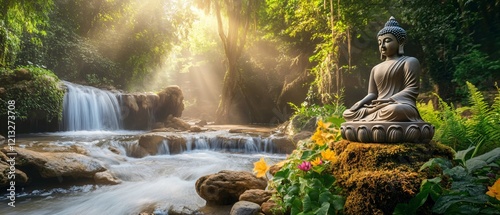 Fototapeta Naklejka Na Ścianę i Meble -   Buddha statue on pedestal in a tranquil forest with waterfall and sunlight. Blurred background. Copy space. Generative AI