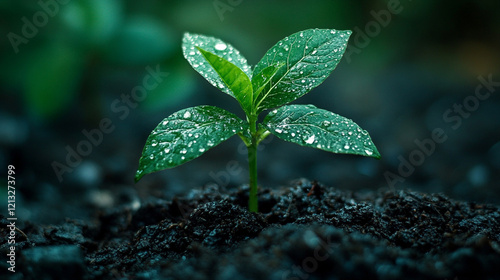 young plant with dew-drenched leaves, sprouting from rich, dark soil, symbolizing growth and vitality.