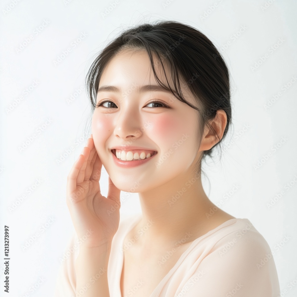 Young woman with satisfaction emotion skincare beauty concept Young woman with satisfaction emotion skincare beauty concept