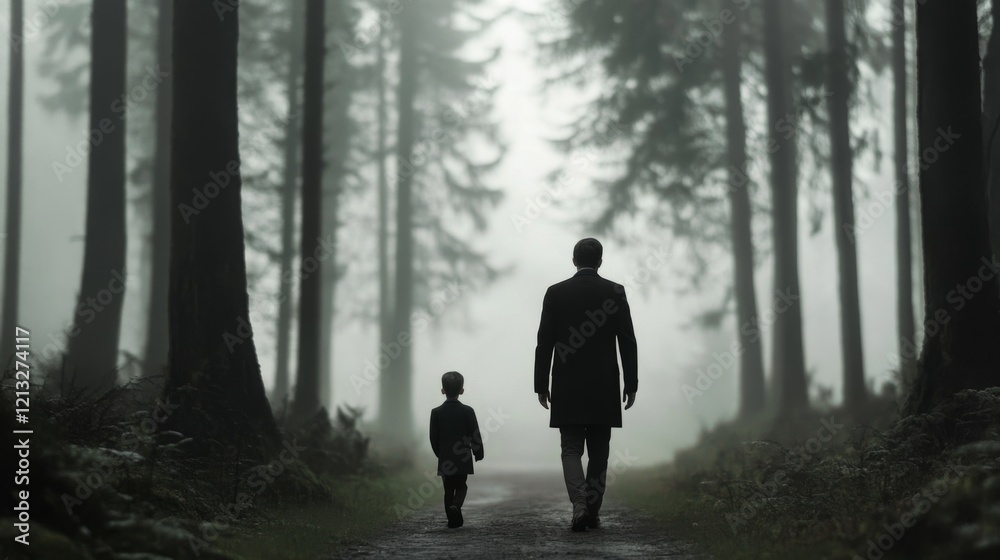 Father and son walking in a misty forest. Father and son walking in a misty forest.