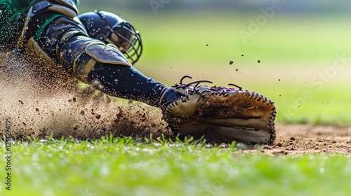 Dynamic Baseball Catch: A Close-Up of a Catcher Diving for the Ball photo