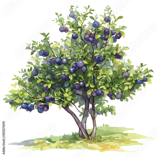Prune Plum Tree with Fruit – Elegant Watercolor Botanical Illustration, Fruit-Laden Tree Painting, Nature-Inspired Artwork, Lush and Vibrant Plum Tree Design.  
