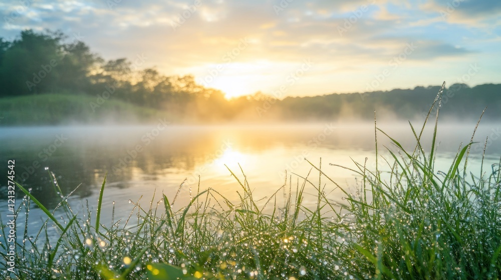 Fototapeta premium Serene Sunrise Over Misty River: A Peaceful Dawn