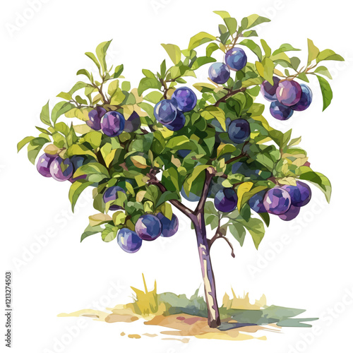 Prune Plum Tree with Fruit – Elegant Watercolor Botanical Illustration, Fruit-Laden Tree Painting, Nature-Inspired Artwork, Lush and Vibrant Plum Tree Design.  
