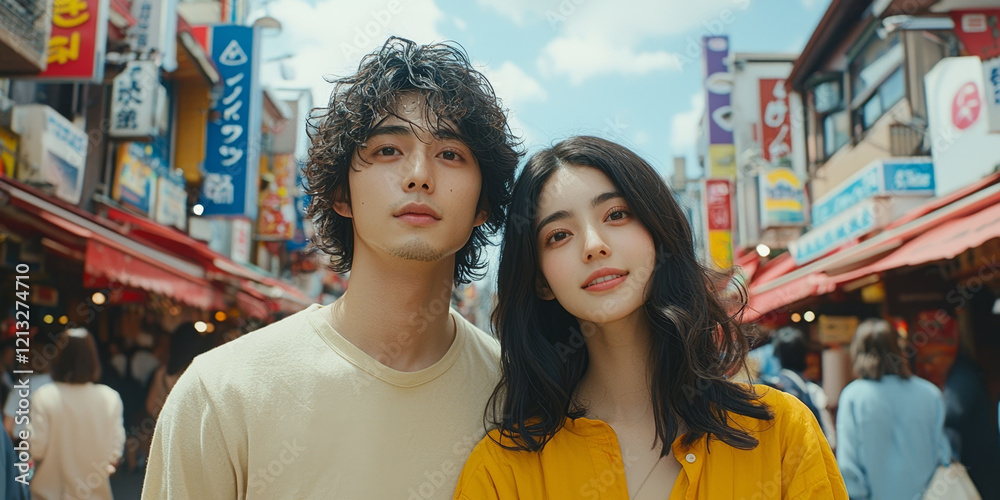Obraz premium Couple posing in vibrant Asian market street.