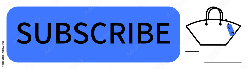 Blue button with bold Subscribe text next to a simplified shopping bag icon with a tag. Ideal for online shopping, e-commerce, newsletters, marketing campaigns, subscriptions, call-to-action, user Blue button with bold Subscribe text next to a simplified shopping bag icon with a tag. Ideal for online shopping, e-commerce, newsletters, marketing campaigns, subscriptions, call-to-action, user