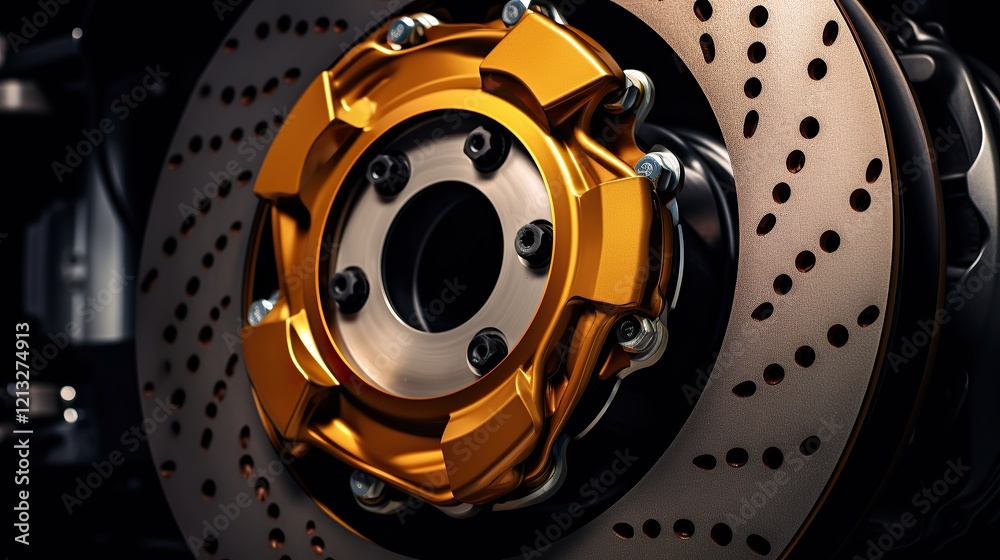 High-Performance Golden Brake Caliper and Perforated Disc Rotor High-Performance Golden Brake Caliper and Perforated Disc Rotor
