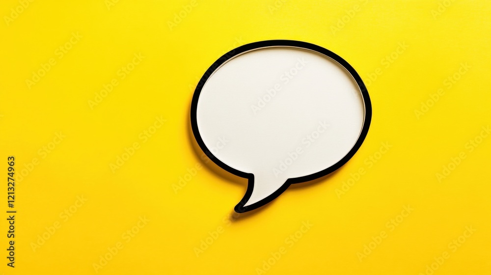 White speech bubble with black outline on a vibrant yellow background, representing communication and expression White speech bubble with black outline on a vibrant yellow background, representing communication and expression