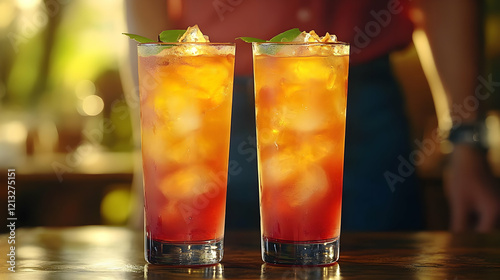 Two refreshing layered cocktails with ice and mint garnish on a wooden bar top