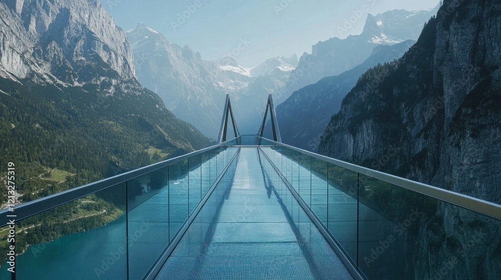 Obraz premium Glass bridge extending over a mountain lake with a stunning view of the Alps.