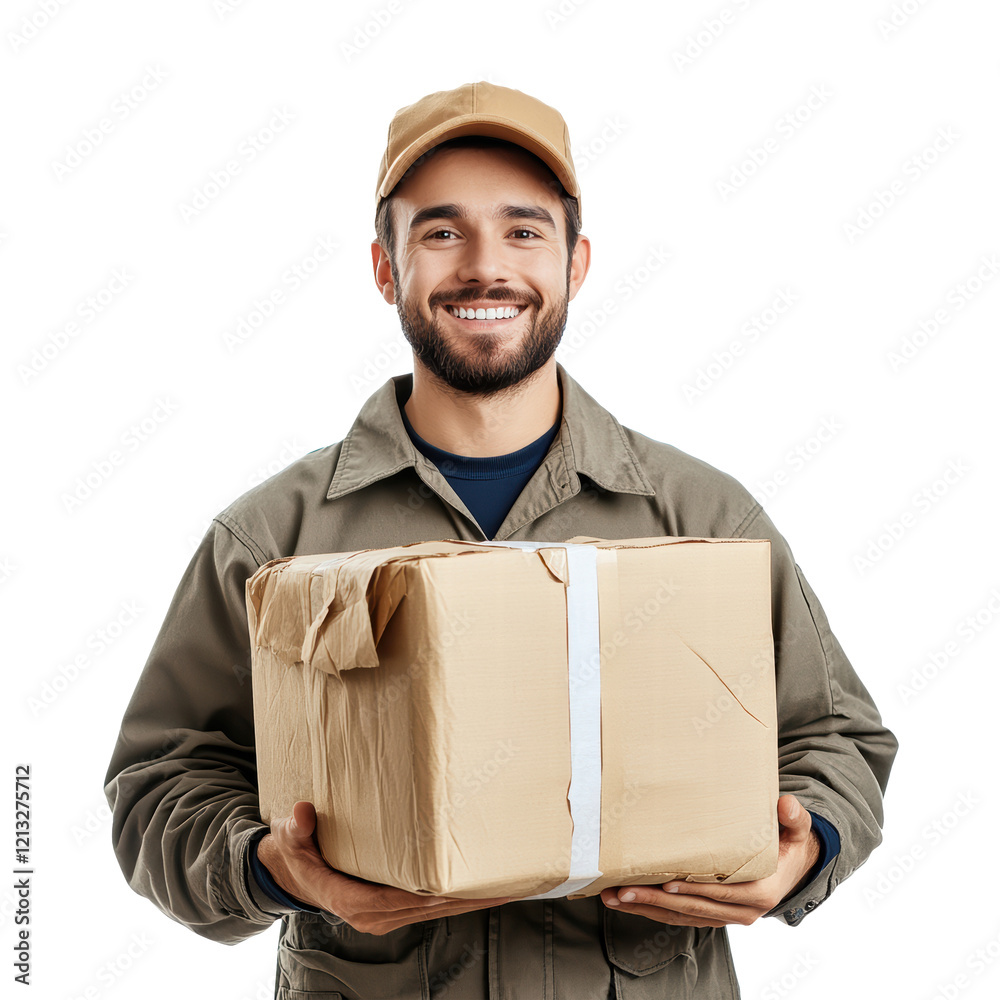 Happy delivery man with parcel isolated on transparent background Happy delivery man with parcel isolated on transparent background