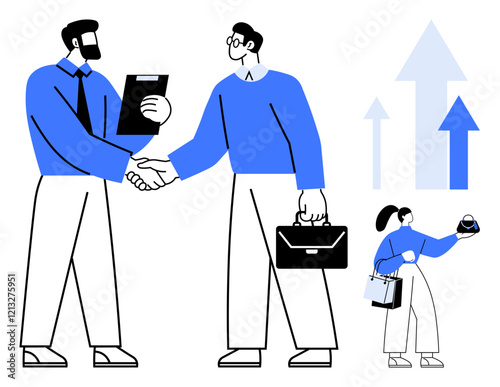 Wallpaper Mural Two business professionals in blue shirts shaking hands, sharing documents, and discussing strategies. Woman with shopping bags holding phone. Ideal for teamwork, collaboration, business growth Torontodigital.ca