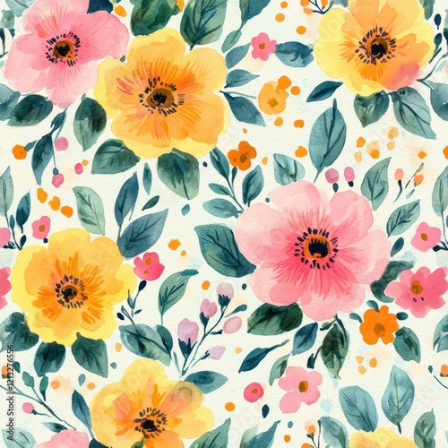 Wallpaper Mural Colorful Floral Watercolor Pattern with Pink and Yellow Flowers and Green Leaves for Decoration and Textile Torontodigital.ca