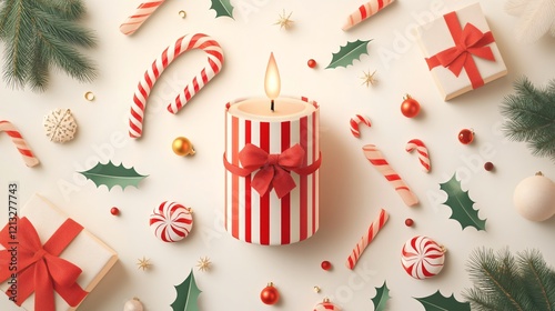 Festive Christmas Candle and Holly Decoration with Ribbon photo