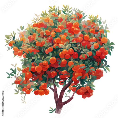 Quandong Tree with Fruit – Lush Watercolor Botanical Illustration, Exotic Fruit Tree Artwork, Nature-Inspired Painting, Vibrant Australian Native Plant Depiction.  
