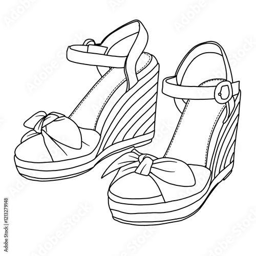 Women's Espadrilles Wedges Bow Platform Sandals Open Toe Ankle Strap line art, Technical sketch hand drawing outline vector doodle front view isolated on white background for coloring page