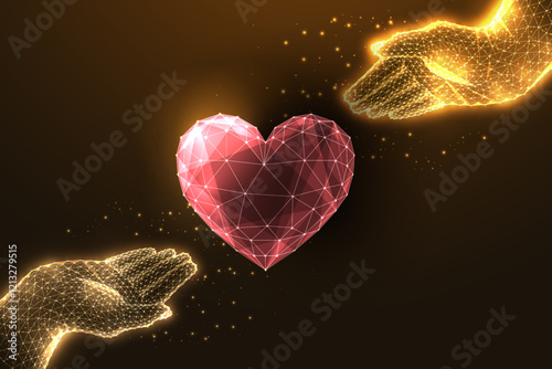 Love, care, kindness and compassion concept with golden hands reaching towards glowing red heart 