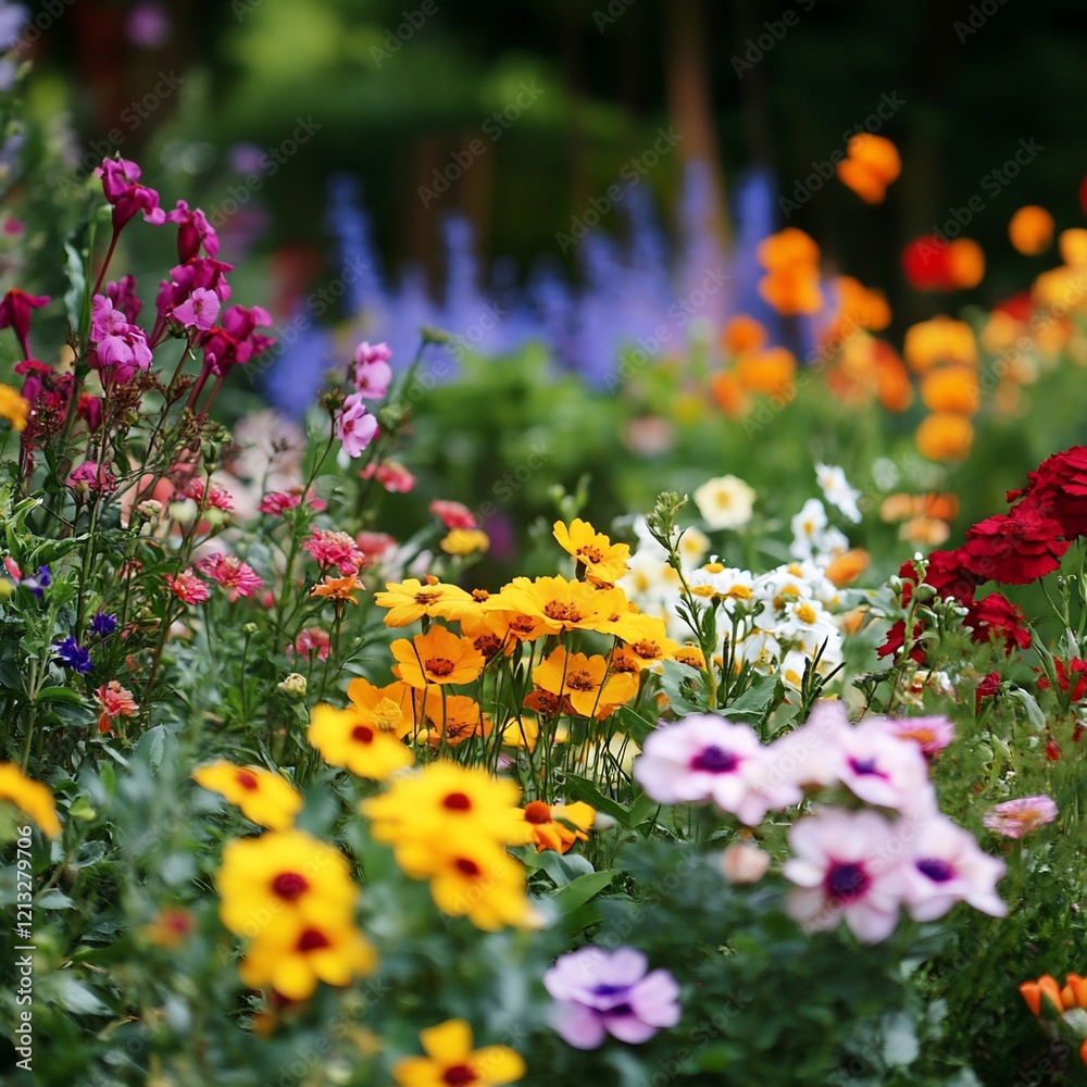 Obraz premium Vibrant garden flowers blooming, summer, colorful background, floral design