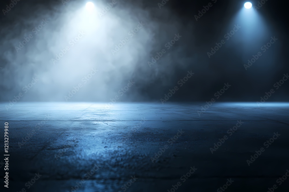 empty concrete floor with glowing spotlight beams and misty atmosphere. empty concrete floor with glowing spotlight beams and misty atmosphere.