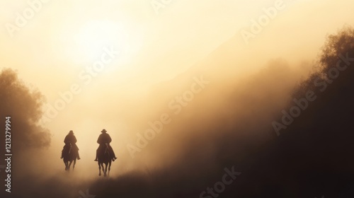Two cowboys riding horses into a hazy sunset.