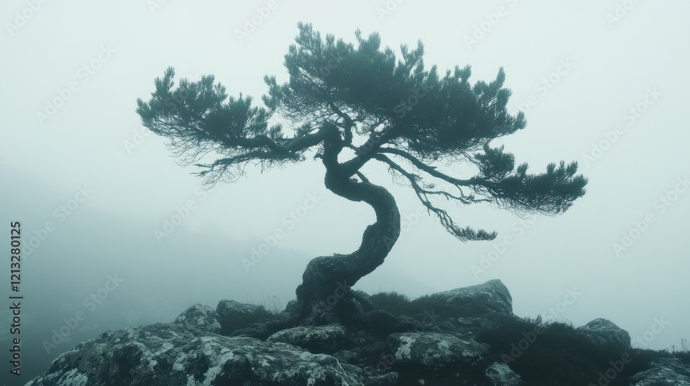 Lone Tree in Misty Mountaintop: A Serene Landscape Lone Tree in Misty Mountaintop: A Serene Landscape