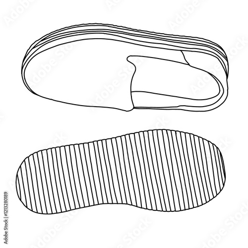 Women's Espadrille Slip-On line art, Technical sketch hand drawing outline vector doodle top and bottom view isolated on white background for coloring page