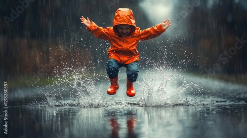 Joyful child jumps puddle, rain, forest, road, autumn