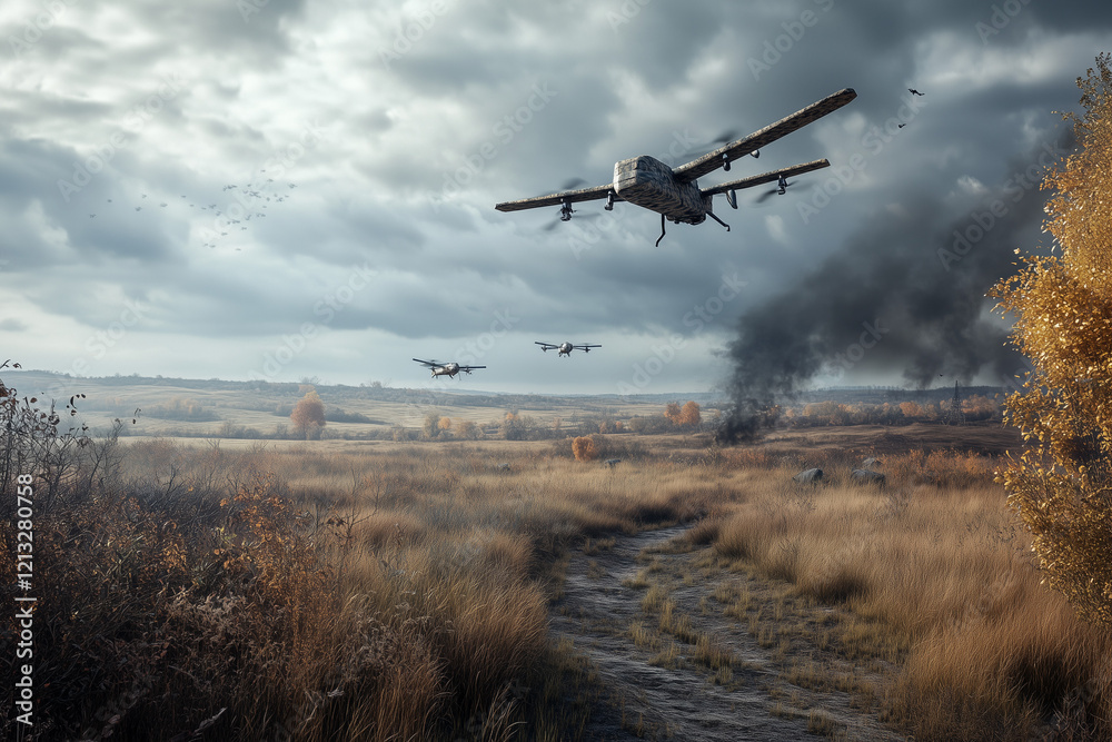 Fototapeta premium Drones militaires sur un champ de bataille