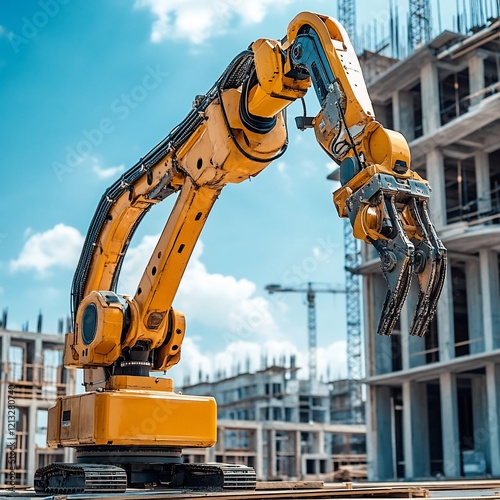 Yellow robotic arm lifting at construction site photo