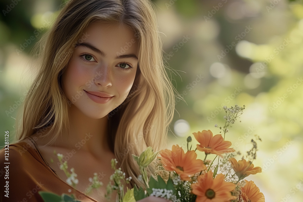 Naklejka premium Femme blonde avec un bouquet de fleurs