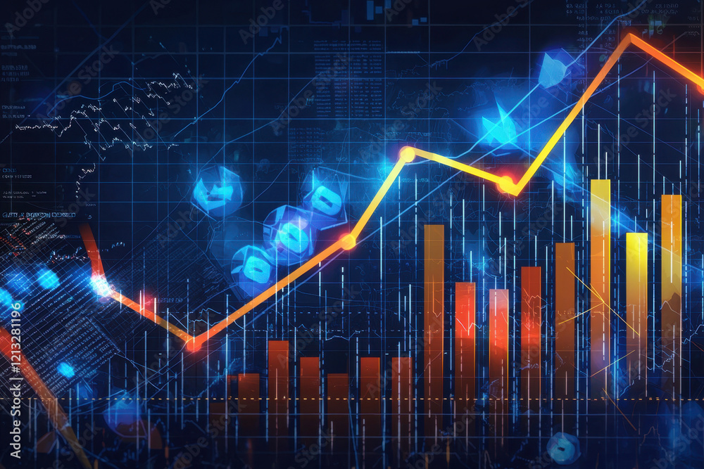 Dynamic financial chart with glowing bars and lines on a futuristic digital interface Dynamic financial chart with glowing bars and lines on a futuristic digital interface