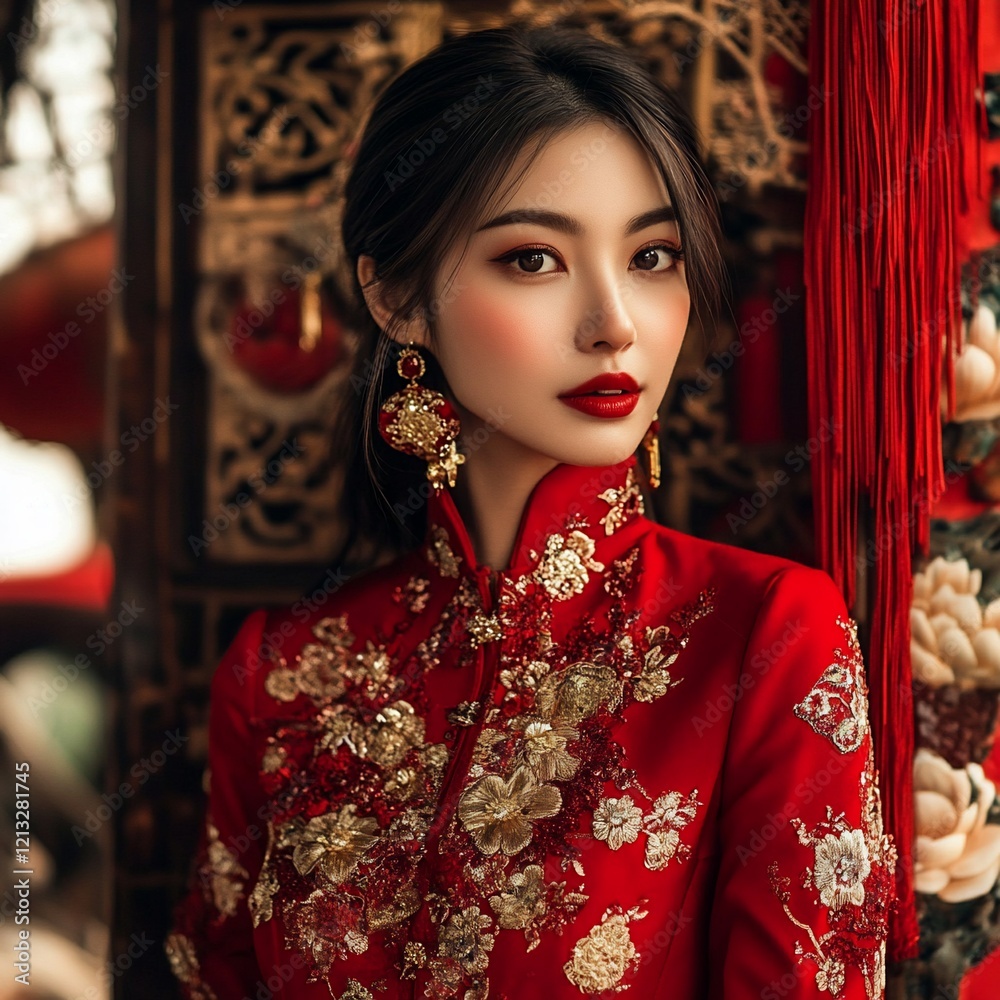 Elegant bride, red dress, temple backdrop, Chinese wedding Elegant bride, red dress, temple backdrop, Chinese wedding