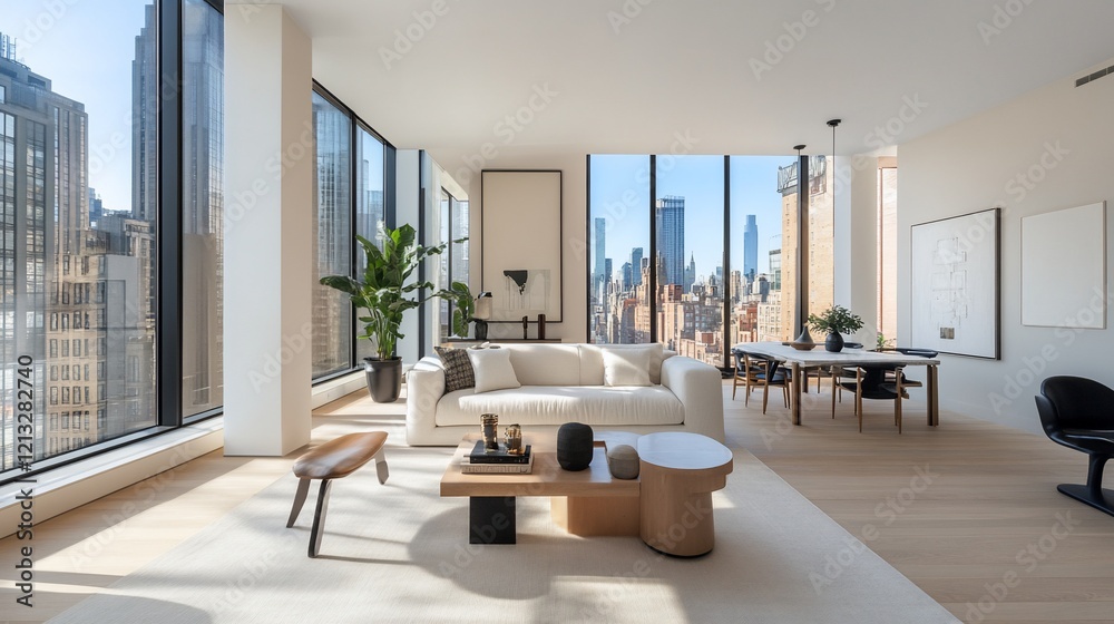 Fototapeta premium Luxurious Manhattan apartment living room, city view, sunlight