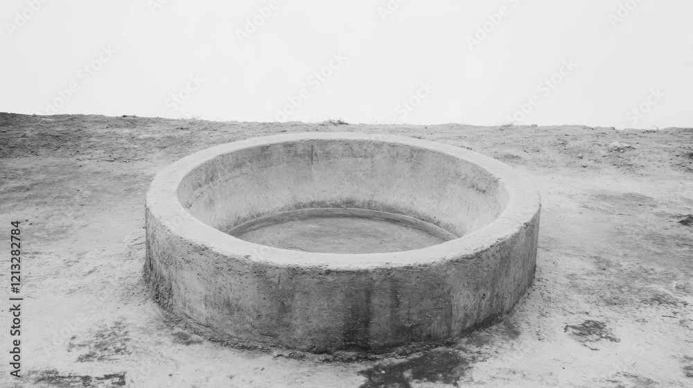 Fototapeta premium Circular concrete water basin in arid landscape.