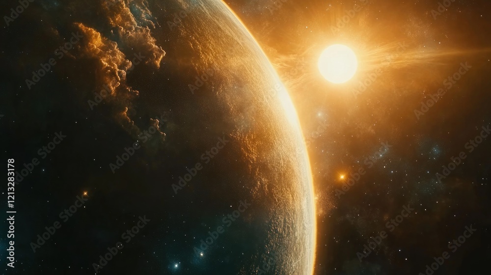 Naklejka premium Planet sunrise, space, cosmic dust, nebula background, science fiction