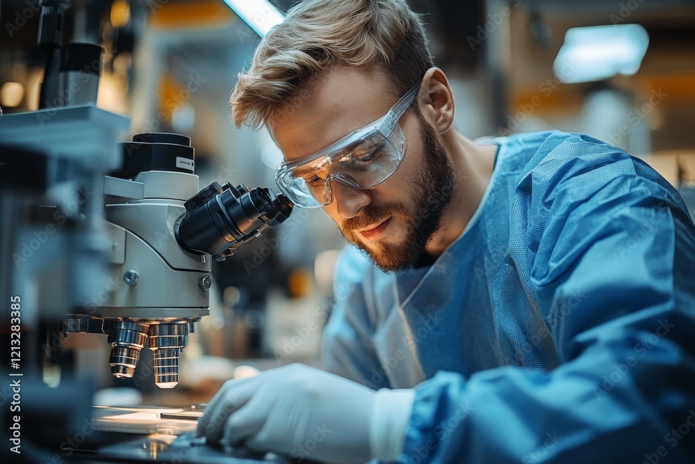 Scientist in protective gear studies sample carefully with a microscope. Generative AI Scientist in protective gear studies sample carefully with a microscope. Generative AI